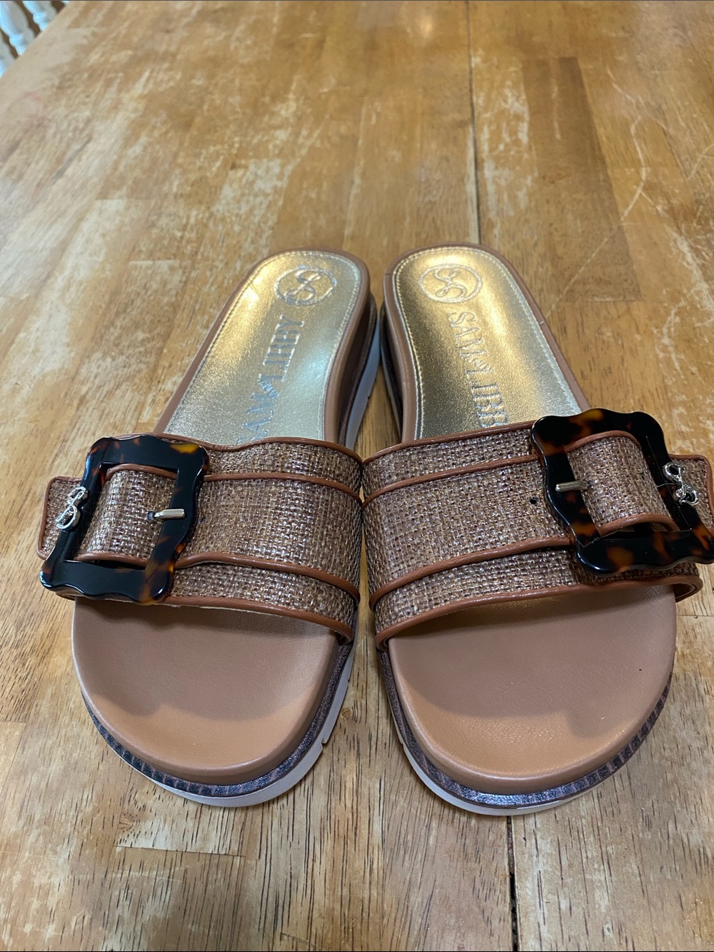 Woven Tan Slide Sandals with Tortoise Buckle